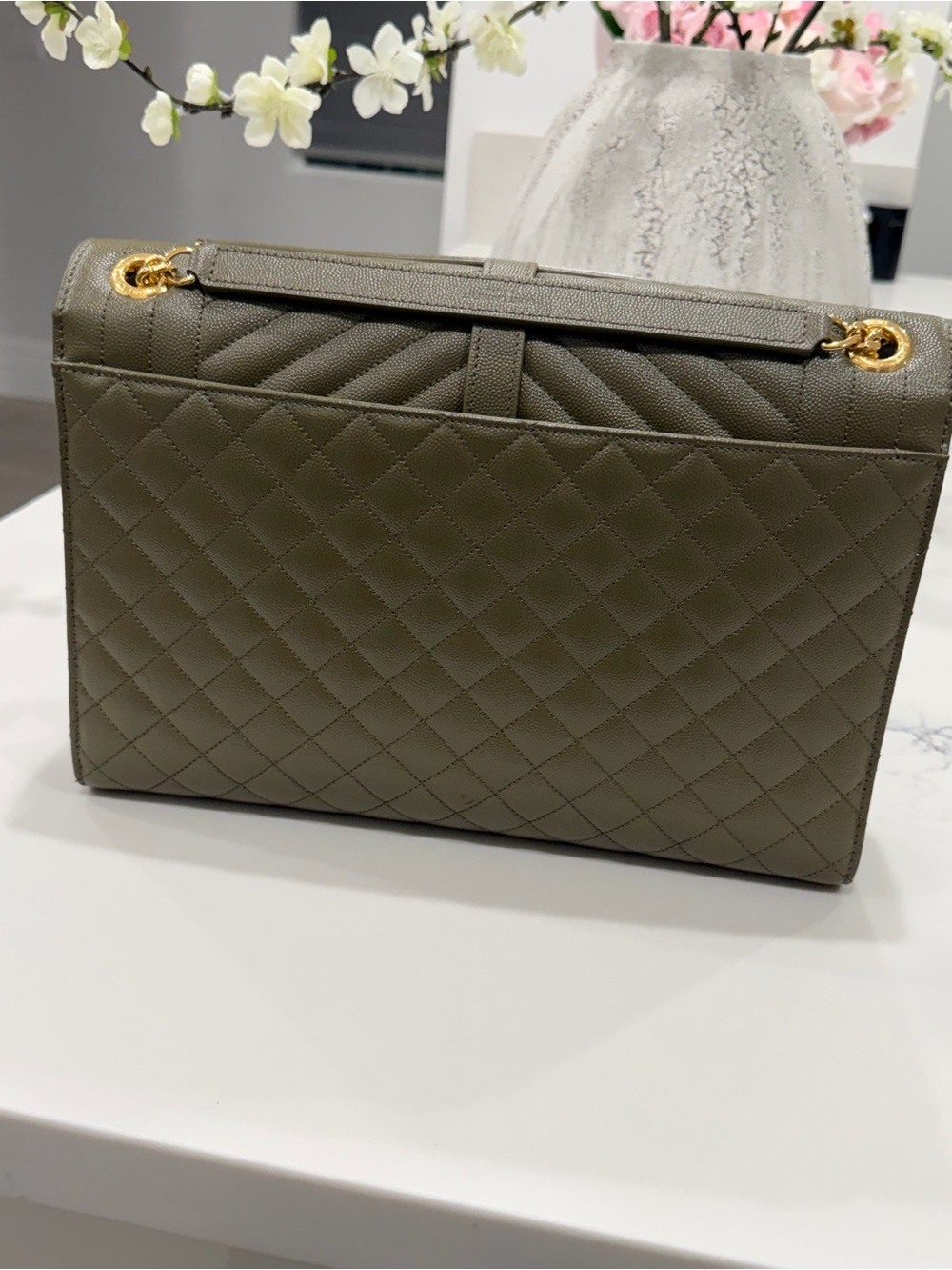 Saint Laurent Quilted Olive Green Envelope Shoulder Bag with Gold Hardware - Picture 3 of 14